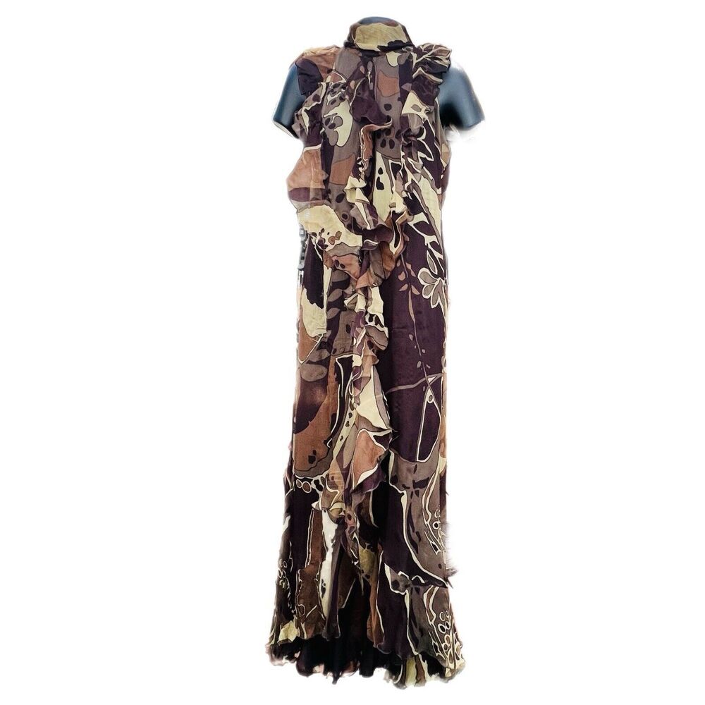 Escada Green and Brown Fauna Print Plisse Silk Ruffled Halter Maxi Dress 38 US 8